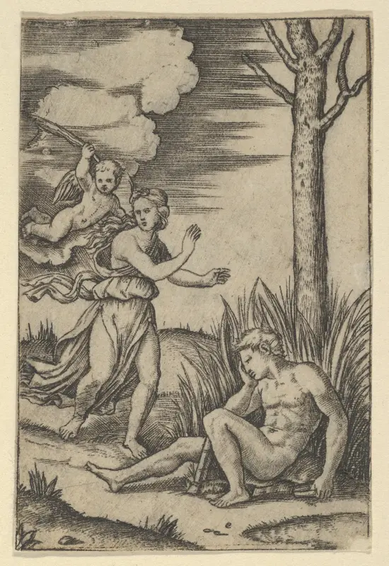 Diana followed by cupid at left, Endymion at right