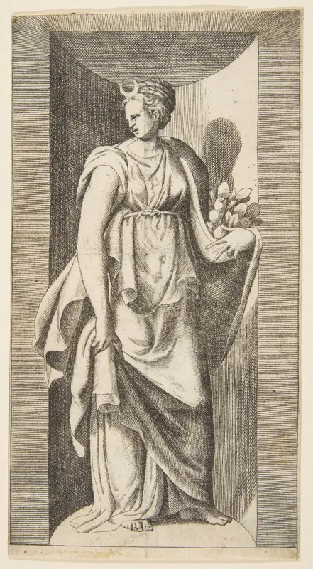 Diana holding fruit in her left hand standing within a niche Wall Art by Giulio Bonasone - High-Resolution Digital Print