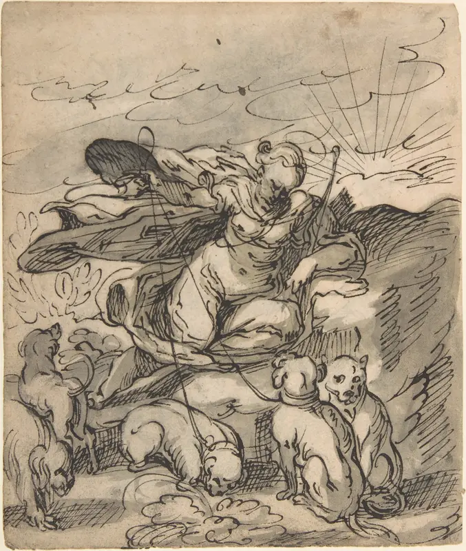 Diana Resting with Her Hounds (recto); Flora Seated by a Vase with Two Harks on the Ground, after Jost Amman (verso) Wall Art by Hermann Weyer - High-Resolution Digital Print