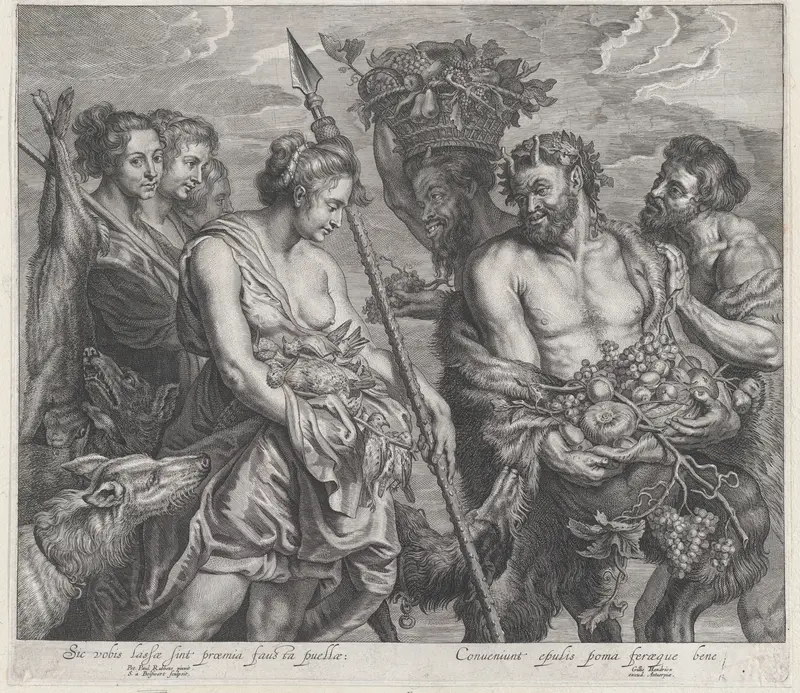 Diana returning from the chase, accompanied by dogs and her nymphs at left, two satyrs at right Wall Art by Schelte Adams à Bolswert - High-Resolution Digital Print
