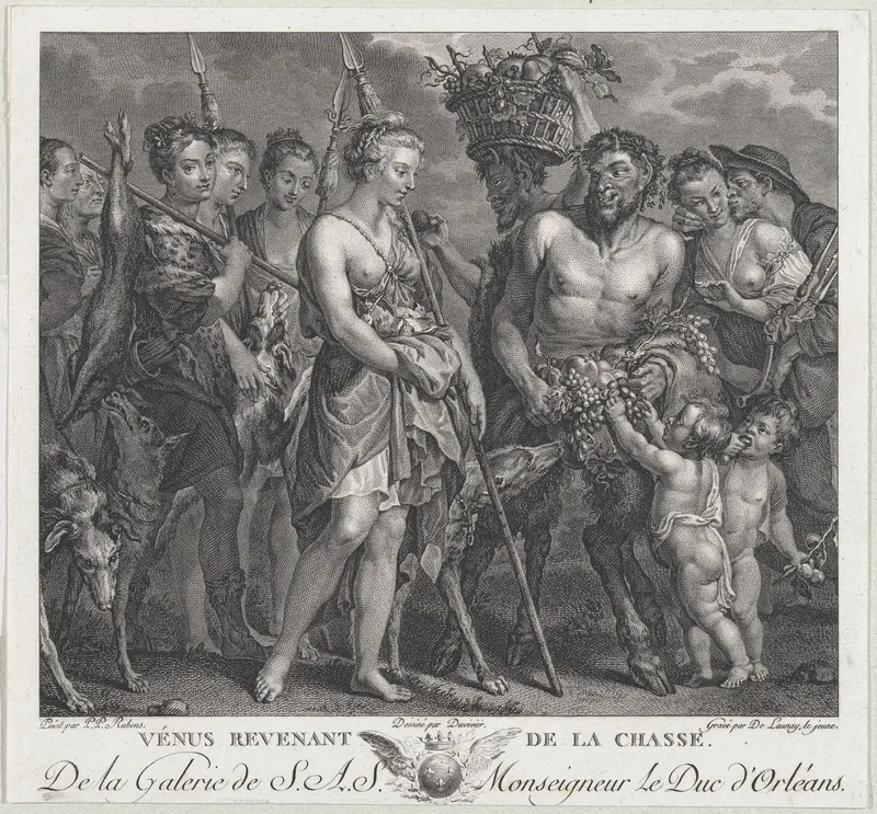 Diana returning from the chase, accompanied by dogs and her nymphs at left, two satyrs at right Wall Art by Robert de Launay - High-Resolution Digital Print