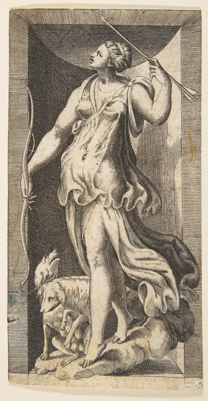 Diana the huntress acompanied by her dogs standing in a niche Wall Art by Giulio Bonasone - High-Resolution Digital Print