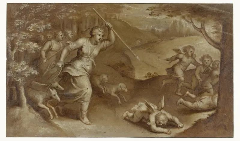 Diana verjaagt Cupido en zijn helpers die haar probeerden te strikken Wall Art by Otto van Veen - High-Resolution Digital Print