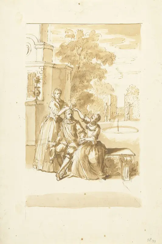 Dichterkroning: twee dames bekransen een zittende man in een park Wall Art by Unknown - High-Resolution Digital Print