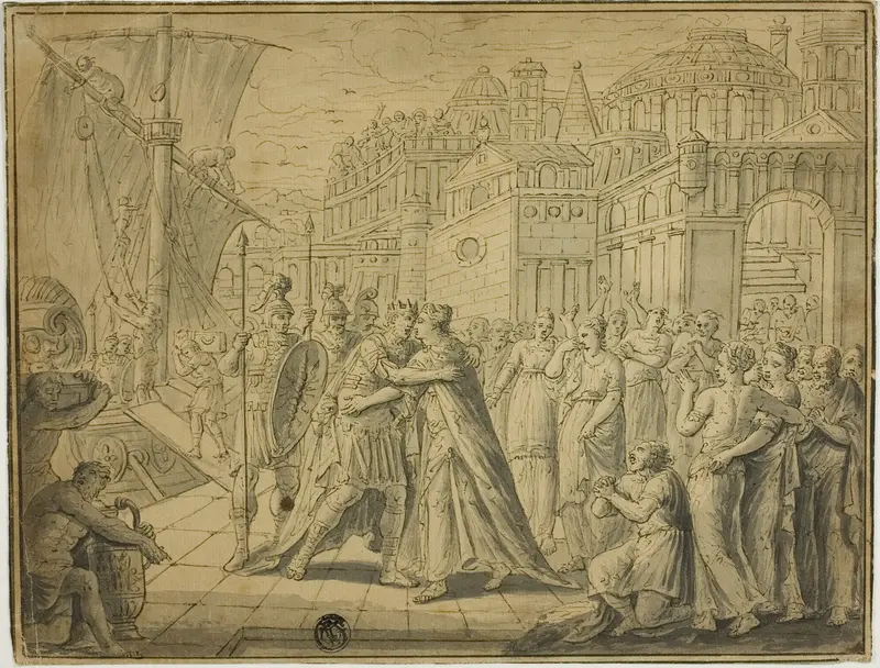 Dido and Aeneas Embracing before Gates of Carthage Wall Art by Maarten de Vos - High-Resolution Digital Print