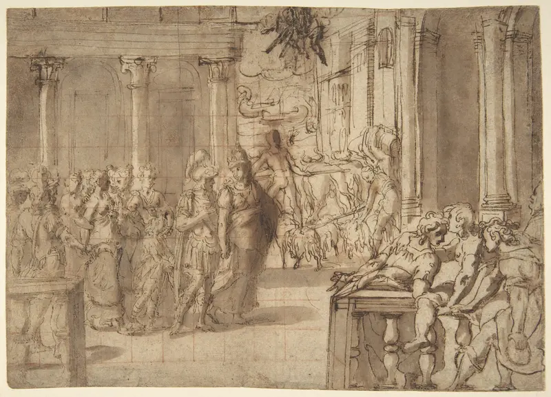 Dido and Aeneas (recto); Three Figures Traced in Reverse from Recto and a Study of a Seated Man (verso) Wall Art by Anonymous, Italian, 16th century - High-Resolution Digital Print