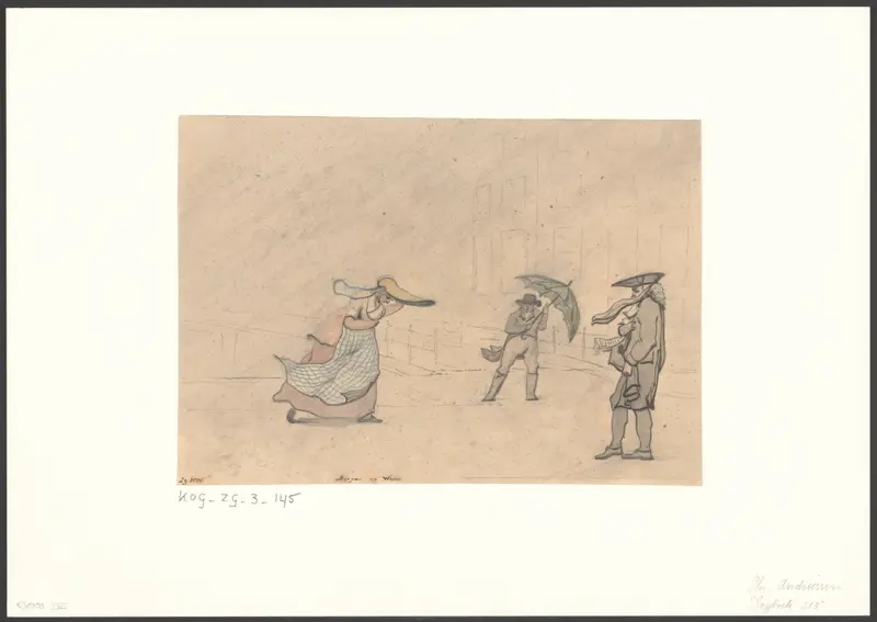 Dienstmeid met een zeer lange luifelhoed, een aanspreker en Christiaan Andriessen trotseren wind en regen Wall Art by Christiaan Andriessen - High-Resolution Digital Print