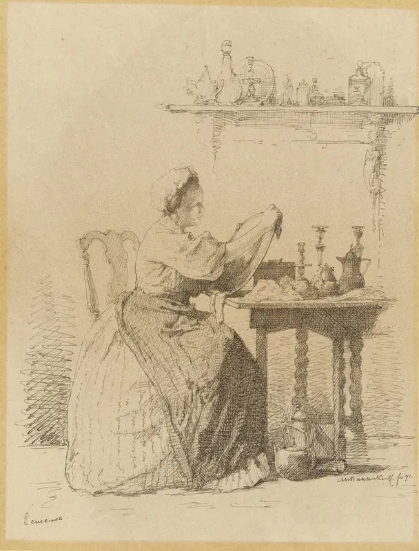 Dienstmeisje dat aan tafel zit te poetsen. Wall Art by Unknown - High-Resolution Digital Print