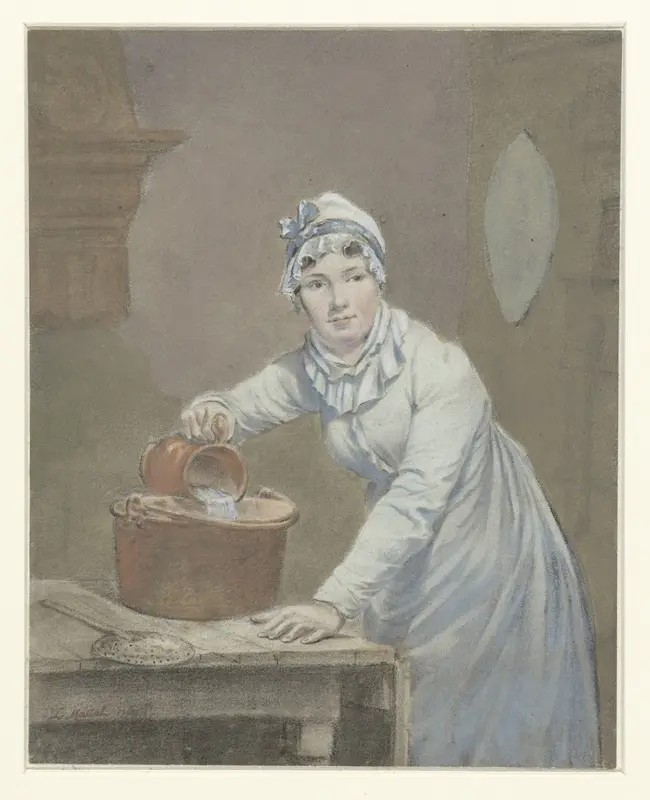 Dienstmeisje giet melk in een pan Wall Art by Unknown - High-Resolution Digital Print