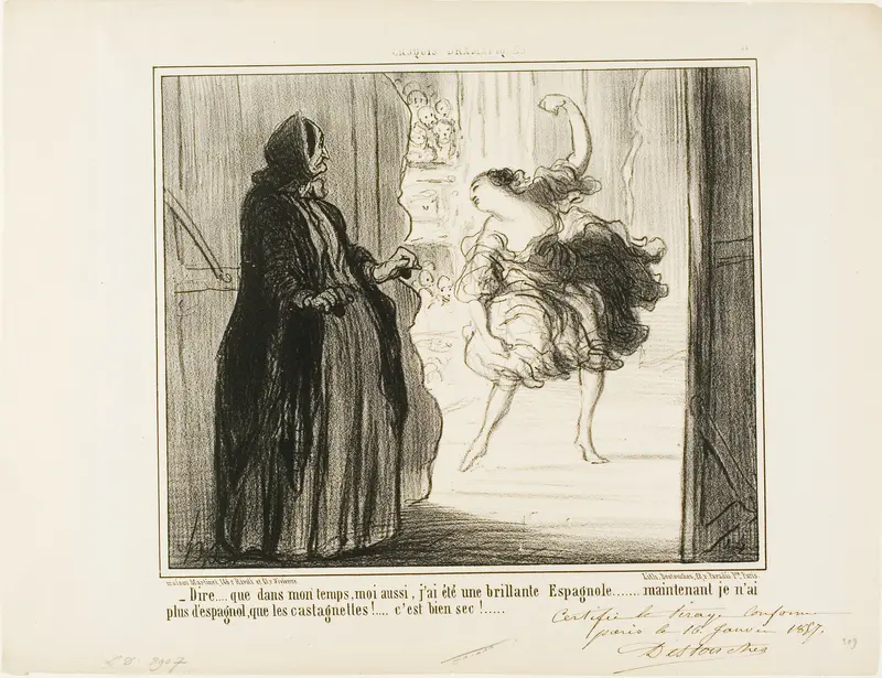 “- Difficult to imagine that in my days I also was an acclaimed Spanish dancer... nowadays only my castanets are Spanish... what a drag...,” plate 11 from Croquis Dramatiques
