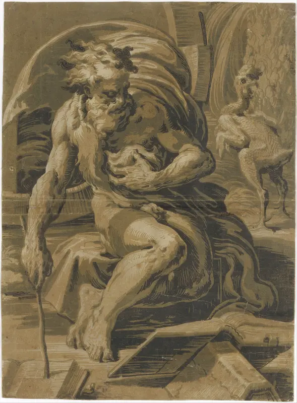 Diogenes, seated before his barrel, reading from a book, a plucked hen standing behind him at right Wall Art by Ugo da Carpi - High-Resolution Digital Print