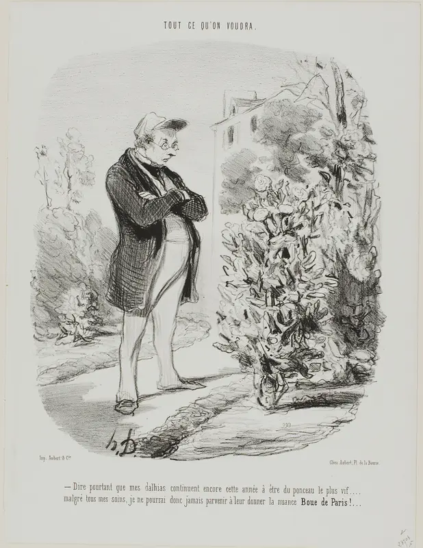 “- Dire pourtant que mes dahlias continuent encore cette année à être du ponceau le plus vif . . . . malgré tous mes soins, je ne pourrai donc jamais parvenir à leur donner la nuance Boue de Paris !...,” plate 6 from Tout Ce Qu'on Voudra