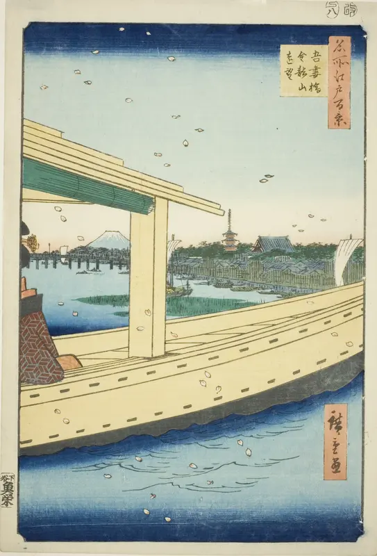 Distant View of Azuma Bridge and Kinryuzan Temple (Azumabashi Kinryuzan enbo), from the series "One Hundred Famous Views of Edo (Meisho Edo hyakkei)"