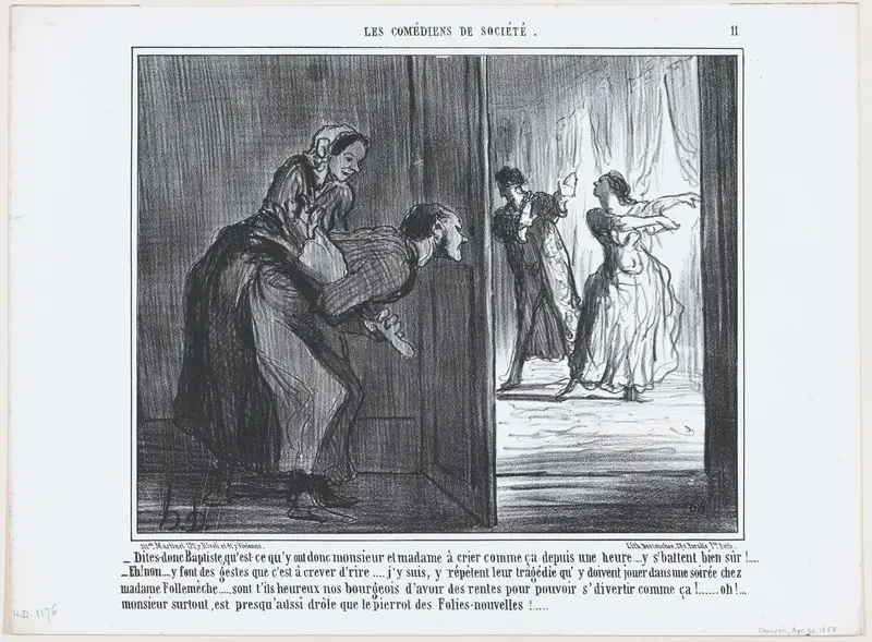 Dites-donc Baptiste, qu'est-ce qu'y ont donc monsieur et madame à crier comme ça depuis une heure..., from Les Comédiens de Société, published in "Le Charivari" Wall Art by Honoré Daumier - High-Resolution Digital Print