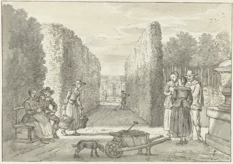 Diverse personen in een tuin met hoge hagen Wall Art by Paulus Constantijn la Fargue - High-Resolution Digital Print