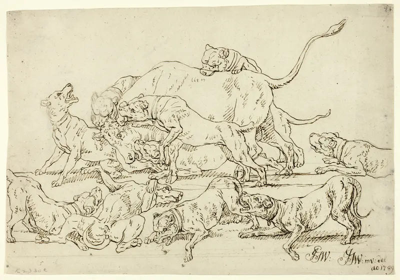 Dogs Attacking a Bull Wall Art by Joseph Georg Wintter - High-Resolution Digital Print