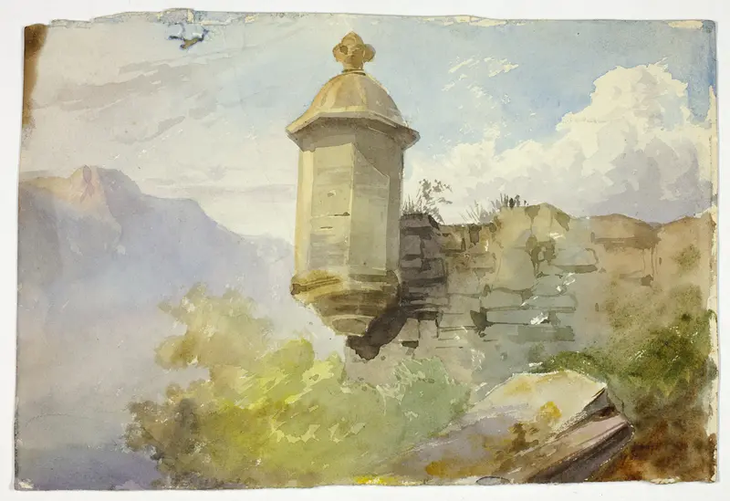 Domed Lookout on Wall in Mountain Landscape (recto); Figures Crossing Bridge before Mountain (verso) Wall Art by Unknown artist - High-Resolution Digital Print