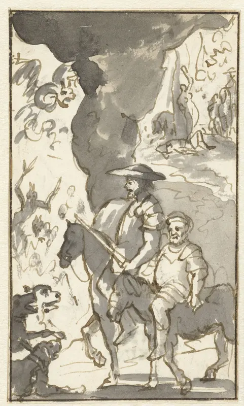 Don Quichotte en Sancho Panza rijden langs een smederij Wall Art by Caspar Luyken - High-Resolution Digital Print