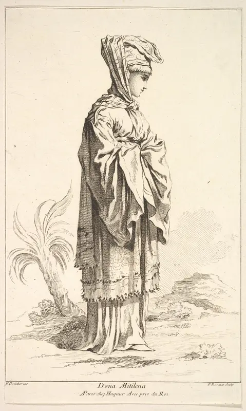 Dona Mitilena, plate 3 from "Recueil de diverses fig.res étrangeres Inventées par F. Boucher P.tre du Roy et Gravées par F. Ravenet" (Collection of Various Foreign Figures, Devised by F. Boucher, Painter of the King and Engraved [etched] by F. Ravene Wall Art by Simon Francis Ravenet, the elder - High-Resolution Digital Print