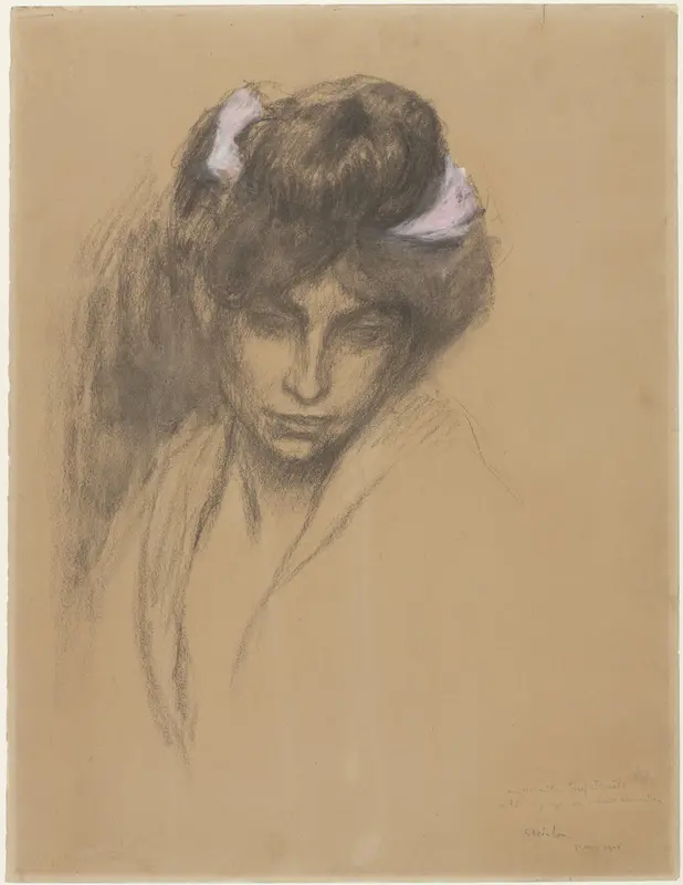 Donker meisjeskopje, naar voren neerziend, met een paars lint in het haar gewonden Wall Art by Théophile Alexandre Steinlen - High-Resolution Digital Print