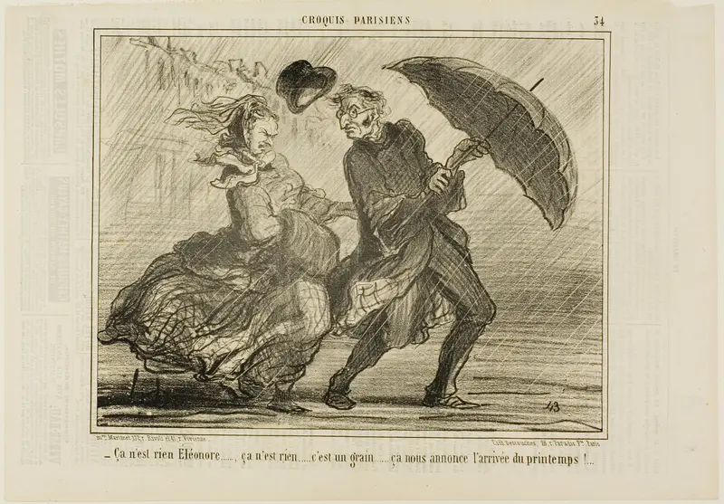 “- Don't worry, Eleonore... it's nothing, it's just a little wind announcing the arrival of spring,” plate 34 from Croquis Parisiens