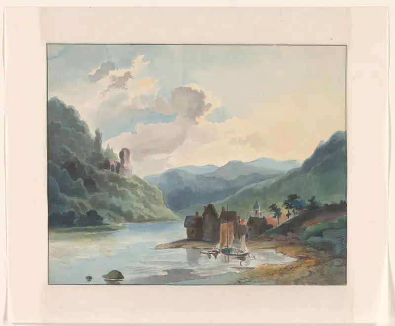 Dorp aan een meer in een berglandschap Wall Art by Johannes van Reijn - High-Resolution Digital Print