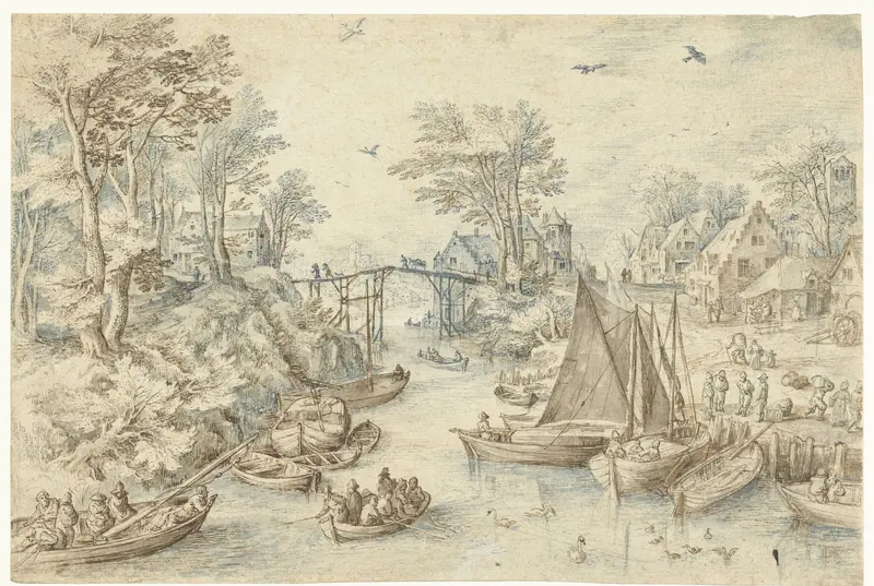 Dorp, doorsneden door een druk bevaren rivier Wall Art by anonymous - High-Resolution Digital Print