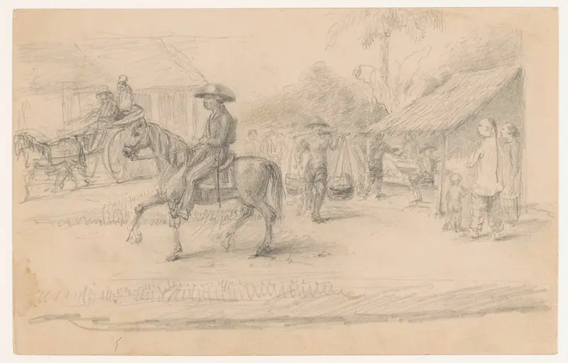 Dorpsbeeld in N.O. Indië met op de voorgrond een ruiter te paard Wall Art by Christian Heinrich Gottlieb Steuerwald - High-Resolution Digital Print