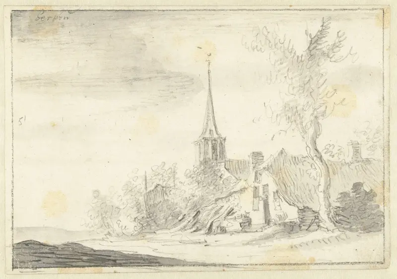 Dorpsgezicht, in het midden een kerktoren met een hoge spits Wall Art by Pieter de Molijn - High-Resolution Digital Print