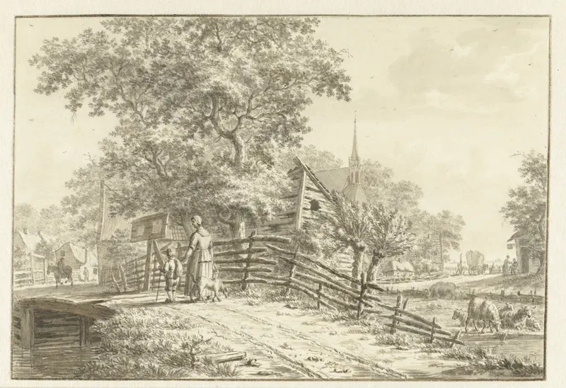 Dorpsgezicht met enkele personen op een brug Wall Art by Jacob Cats (1741-1799) - High-Resolution Digital Print