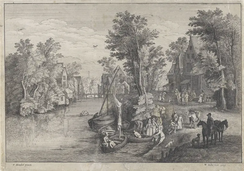 Dorpsgezicht met kleine veerboot aan de rivier Wall Art by Unknown - High-Resolution Digital Print