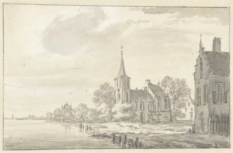 Dorpskerk en huizen aan een rivier Wall Art by Unknown - High-Resolution Digital Print