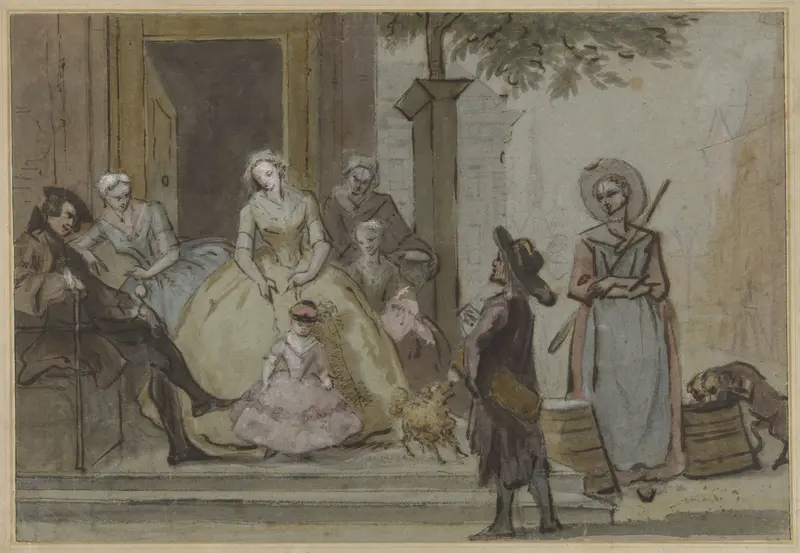 Draailier-speler voor een luisterende familie op de stoep van een stadshuis Wall Art by Cornelis Troost - High-Resolution Digital Print