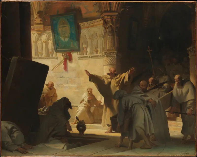 Dramatic Scene with Monks in a Crypt Wall Art by Alexandre Evariste Fragonard - High-Resolution Digital Print