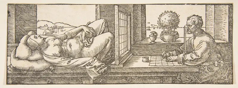 Draughtsman Making a Perspective Drawing of a Reclining Woman Wall Art by Albrecht Dürer - High-Resolution Digital Print