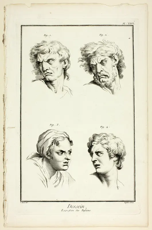 Drawing: Expressions of Emotion (Hate or Jealousy, Anger, Desire, Physical Pain), from Encyclopédie Wall Art by A. J. Defehrt - High-Resolution Digital Print