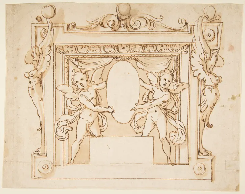 Drawing for a Memorial Tablet: Two Winged Children Holding an Empty Oval in a Frame with Gryphons Wall Art by Federico Zuccaro (Zuccari) - High-Resolution Digital Print