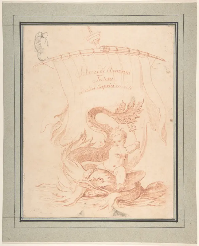 Drawing for Title-Page with Amorini Riding a Dolphin Wall Art by Anonymous, Italian, 18th century - High-Resolution Digital Print