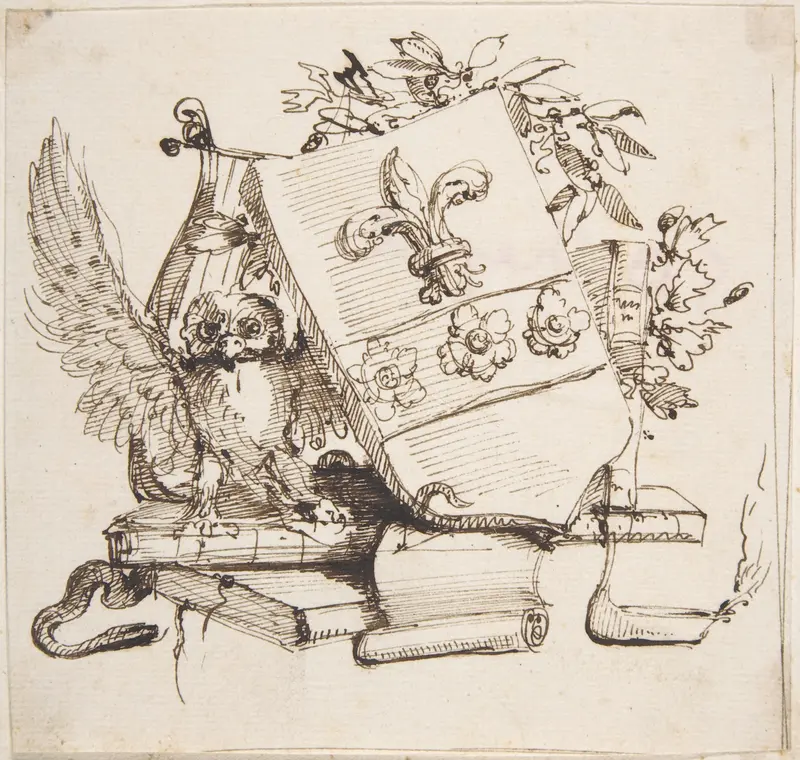 Drawing of a Decorated Coat of Arms surrounded by Books, Owl, Leaves, Vase and a Snake Wall Art by Carlo Bianconi - High-Resolution Digital Print