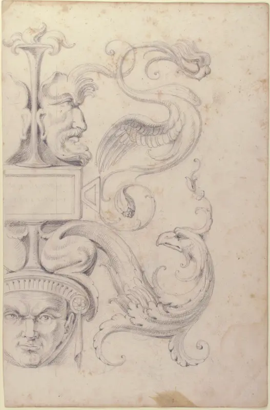 Drawing of a Grotesque after a 16th-century Decorative Relief Wall Art by Filippo Cretoni - High-Resolution Digital Print