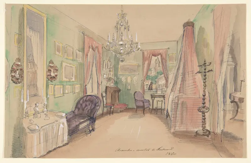 Drawing of an Interior: Bedroom Wall Art by Anonymous, French, 19th century - High-Resolution Digital Print