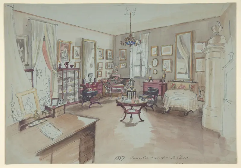 Drawing of an Interior: Chambre à coucher Wall Art by Anonymous, French, 19th century - High-Resolution Digital Print