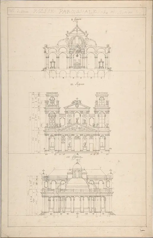 Drawing of Interior, Façade, and Rear of Church Wall Art by Jacques Germain Soufflot - High-Resolution Digital Print