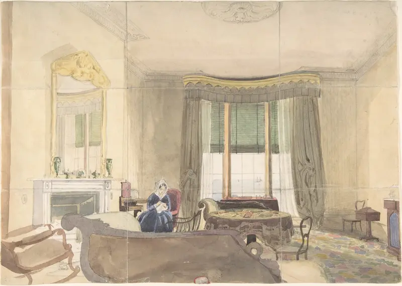 Drawing Room with Seated Woman Wall Art by Anonymous, British, 19th century - High-Resolution Digital Print