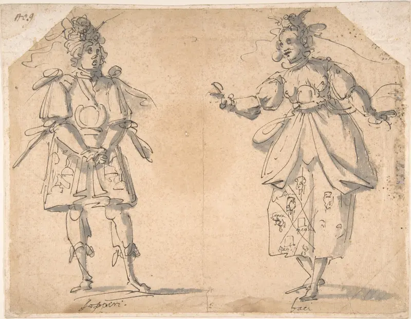 Drawings for Two Masquerade or Ballet Costumes ('Sospiri' and 'Baci') Wall Art by Giovanni Battista Paggi - High-Resolution Digital Print