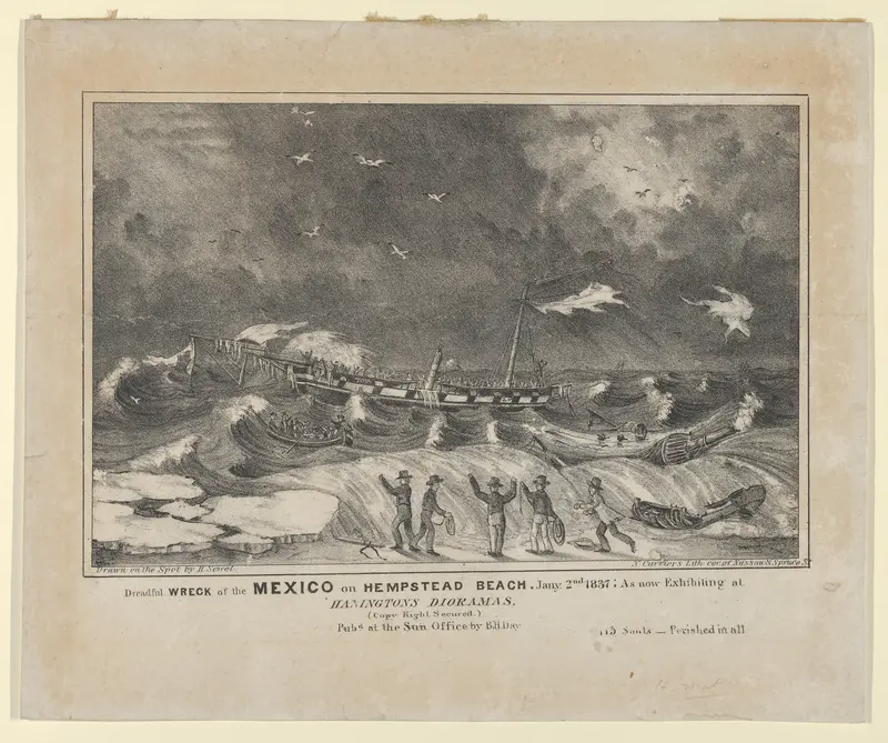 Dreadful Wreck of the Mexico on Hempstead Beach, January 2nd, 1837 – As Now Exhibiting at Hanington Dioramas–Perished in All–115 Souls. Wall Art by H. Sewell - High-Resolution Digital Print