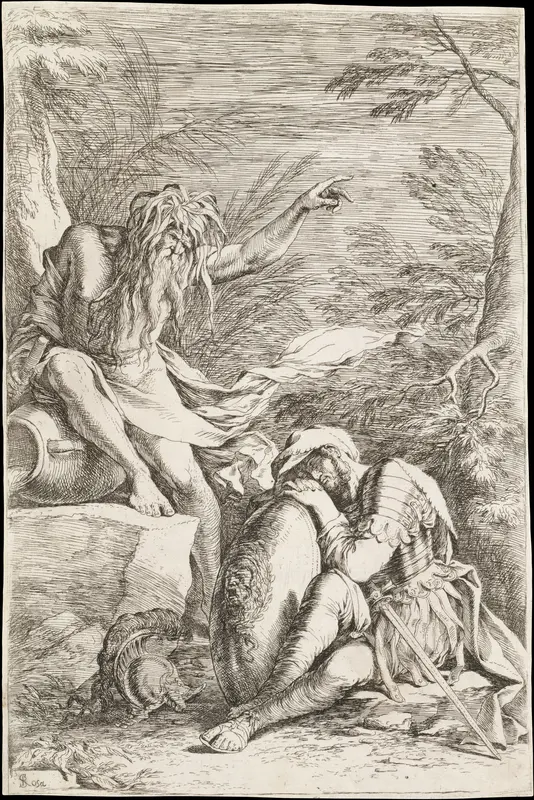 Dream of Aeneas: Aeneas rests his head on his hands atop his shield, while the river god Tiber leans on a vessel and points upward with his left hand Wall Art by Salvator Rosa - High-Resolution Digital Print