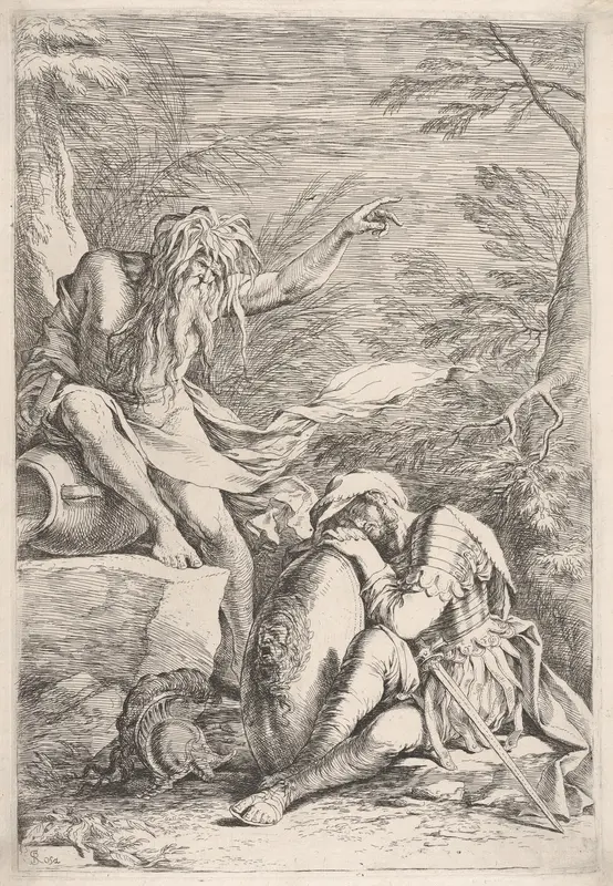 Dream of Aeneas, Aeneas rests on his shield, while the river god Tiber points upward Wall Art by Salvator Rosa - High-Resolution Digital Print