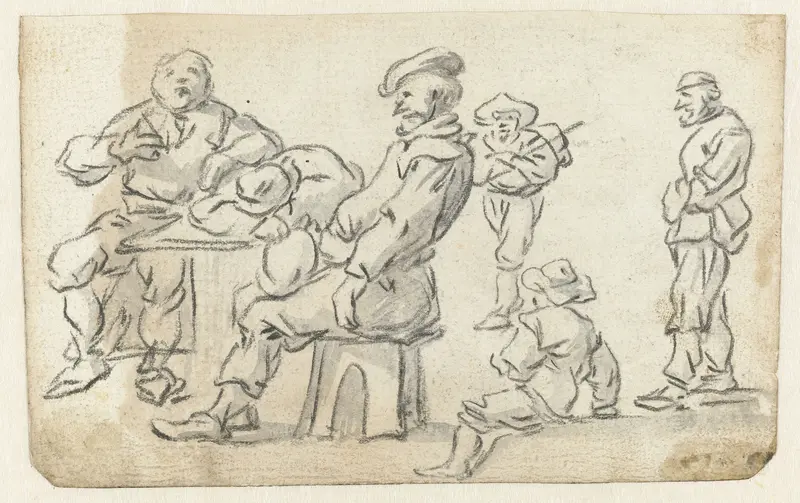 Drie boeren aan een tafel en drie andere figuren Wall Art by Unknown - High-Resolution Digital Print