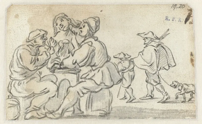 Drie boeren aan een tafel en een man met een hond begeleid door een jongen Wall Art by Unknown - High-Resolution Digital Print